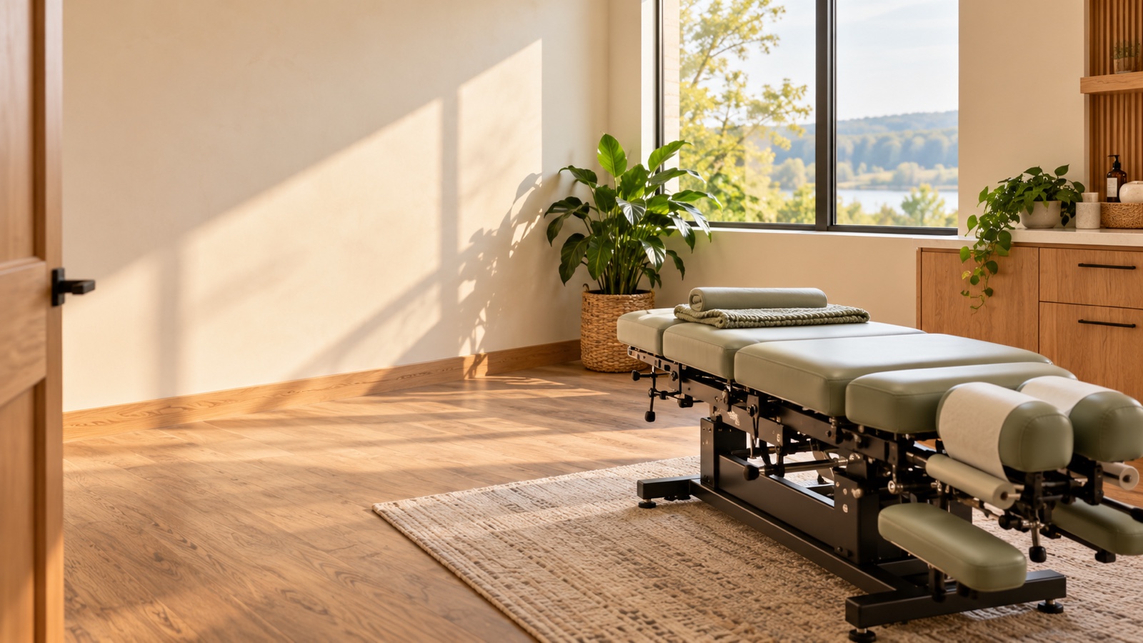 A sunlit treatment room with a chiropractic adjustment table.